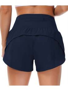 Womens High Waisted Running Shorts Quick Dry Athletic Workout Shorts With Mesh Liner Zipper Pockets - Navy Blue - View 4