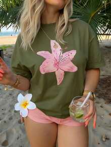 1pcs Plus Size Women's Loose, Drop-Shoulder Fit 100% Cotton T-Shirt, Printed With Watercolor Pink Lily Designs, Perfect For Summer Beach, Tropical Vacation, And Music Festival Outfits, Creating A Fresh Bohemian Style - 橄欖綠 - 查看 6