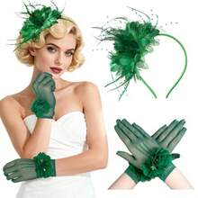 Fascinators Hats For Women And Tea Party Gloves Set Headband With Feather Pearl Veil For Wedding Cocktail Dresses - 綠色 - 查看 1