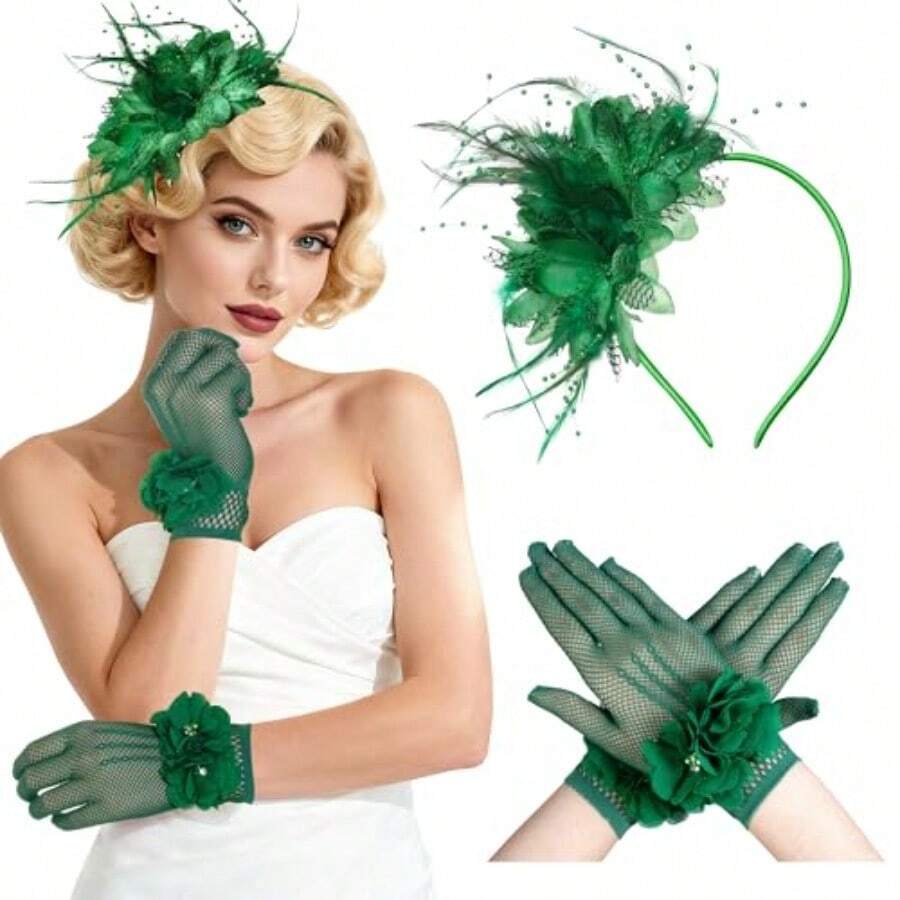 Fascinators Hats For Women And Tea Party Gloves Set Headband With Feather Pearl Veil For Wedding Cocktail Dresses - 綠色 - 查看 1
