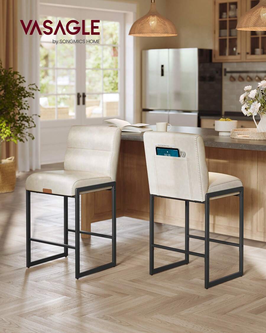 VASAGLE EKHO Collection - Bar Stools Set Of 2, Counter Height Stools With Backs, 26.4-Inch Barstools Chairs, Synthetic Leather With Stitching, Mid-Century Modern, Dining Kitchen Island - Milky White - View 1