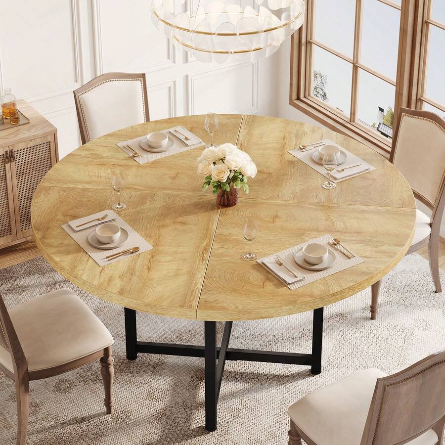 LITTLE TREE 120cm Round Dining Table - Farmhouse Kitchen Dinner Table With Heavy-Duty Metal Frame,For Living Room - Light Brown - View 1