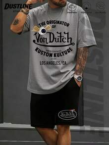 Mens Creative T Shirt And Shorts Set American Vintage Full Print Street Wear Essential T Shirt Set Men Graphic T Shirt And Shorts Set Vons Dutchs Logo And Text Print Breathable Cotton Casual Outfit For Daily Wear And Leisure Activities - Xám - Xem 2