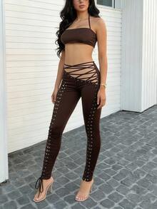 DOUCIU Solid Color Camisole Crop Top Paired With Street Style Metal Ring Tie Waist Long Pants Sexy 2-Piece Set, Suitable For Spring/Summer Beach, Party, Events - Brown - View 7
