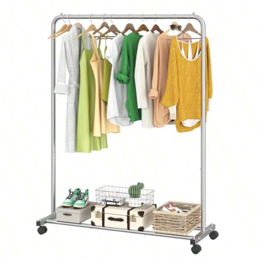 Simple Trending - Perchero de ropa estándar con estantes de almacenamiento organizador de ropa enrollable en ruedas para colgar ropa color plateado - Plateado - Ver 1