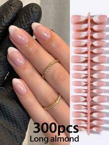 300片杏仁形白色渐变猫眼美甲贴纸，简约法式渐变设计，完美贴合长杏仁形亚克力假指甲套装包含：1瓶果冻胶和1把指甲锉，法式杏仁美甲贴纸适合女性日常工作、节日和派对场合。 - 彩色 - 查看 3