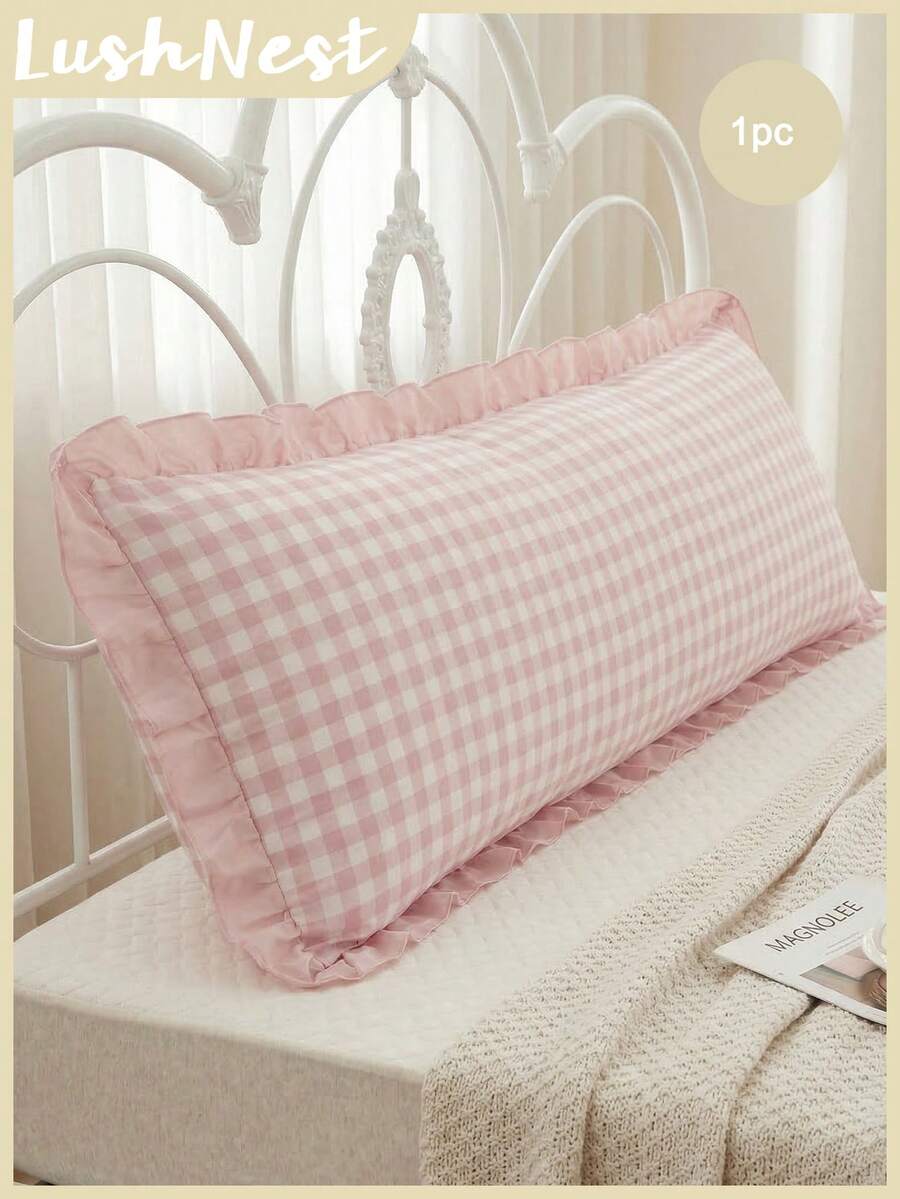 1pc Cute Pink Ruffle Minimalist Plaid Pleated Long Bolster Pillow Cover - Soft Polyester Fabric, Bedroom Sofa Decorative Lumbar Cushion Cover, Spring Decor, Suitable For All Seasons,