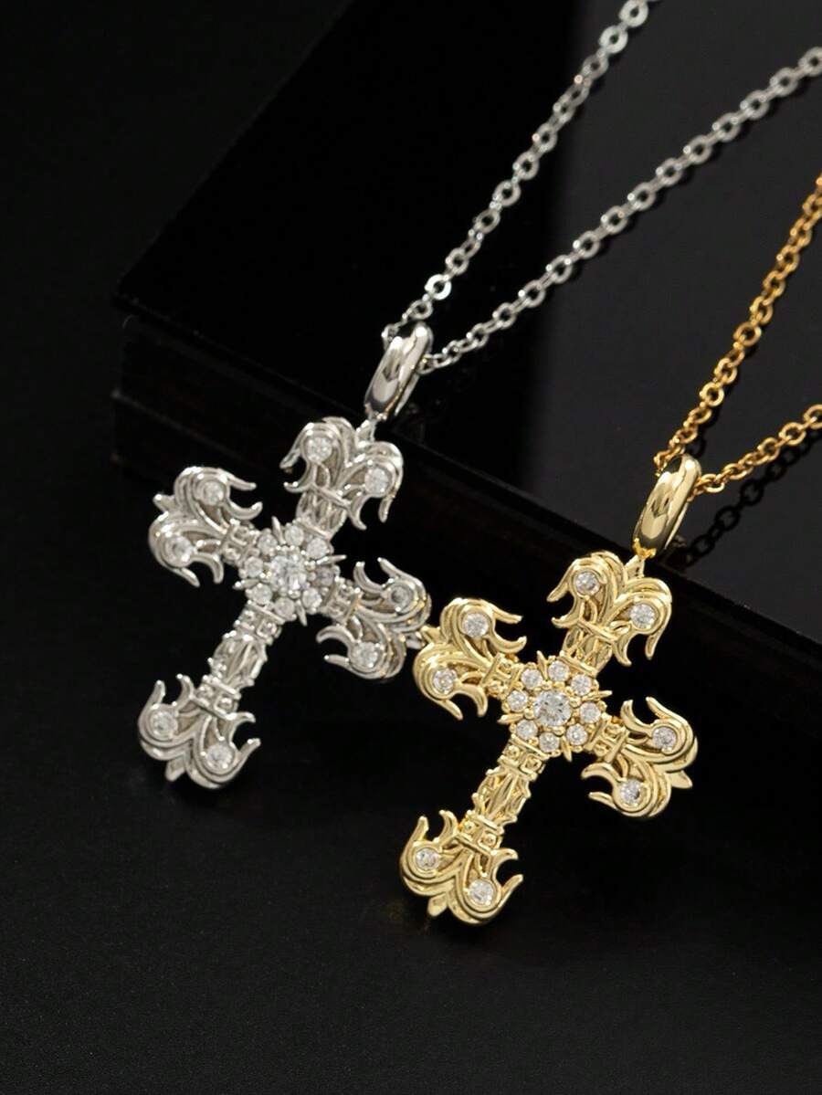 1 chiếc dây chuyền mặt dây chuyền hình thánh giá mạ đồng sang trọng, đa năng, đính đá siêu nhỏ, thiết kế tinh tế, không phai màu, cao cấp dành cho nữ. - A - Xem 1