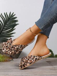 1双女士花卉印花蝴蝶结平底凉鞋，时尚圆头豹纹平底拖鞋，一脚蹬穆勒鞋，适合婚礼、工作、学校、宿舍、度假、海滩等场合。 - 駝色 - 查看 2