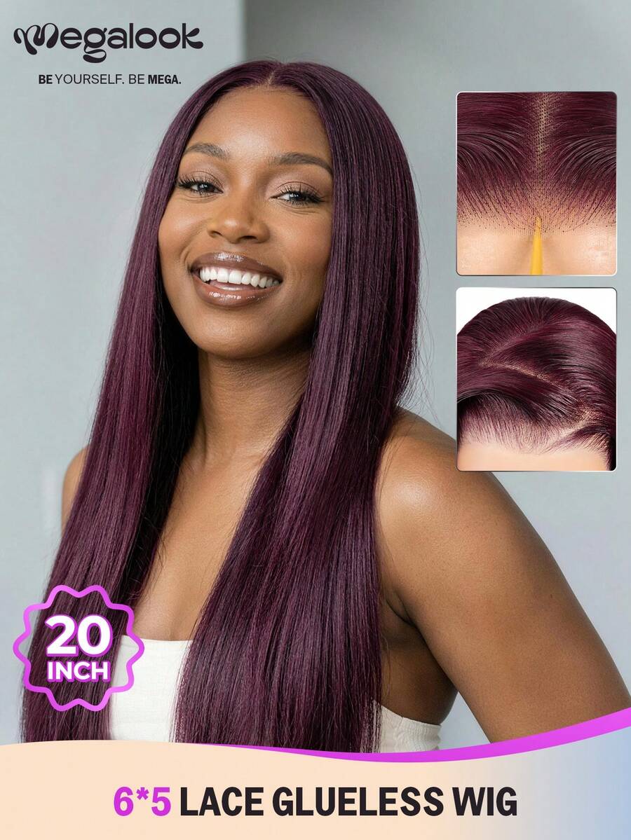 MEGALOOK 6x5 Lace Closure Wig Human Hair 20 Inch Bone Straight Wave Purple Wig Natural Hairline Glueless Wig For Women Daily Life Wedding Festival Costume Use 180% Density - S99JB - View 1