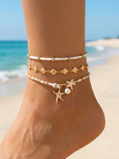 3pcs/Set Summer Ocean Style Shell, Bead, Starfish, Faux Pearl Pendant Anklet, Fashionable Gold Seashell Handmade Chain Jewelry For Women, Suitable For Daily Wear, Beach, Date