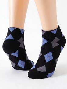 5/10 双装 女士菱形图案复古时尚舒适透气短袜 - 彩色 - 查看 6