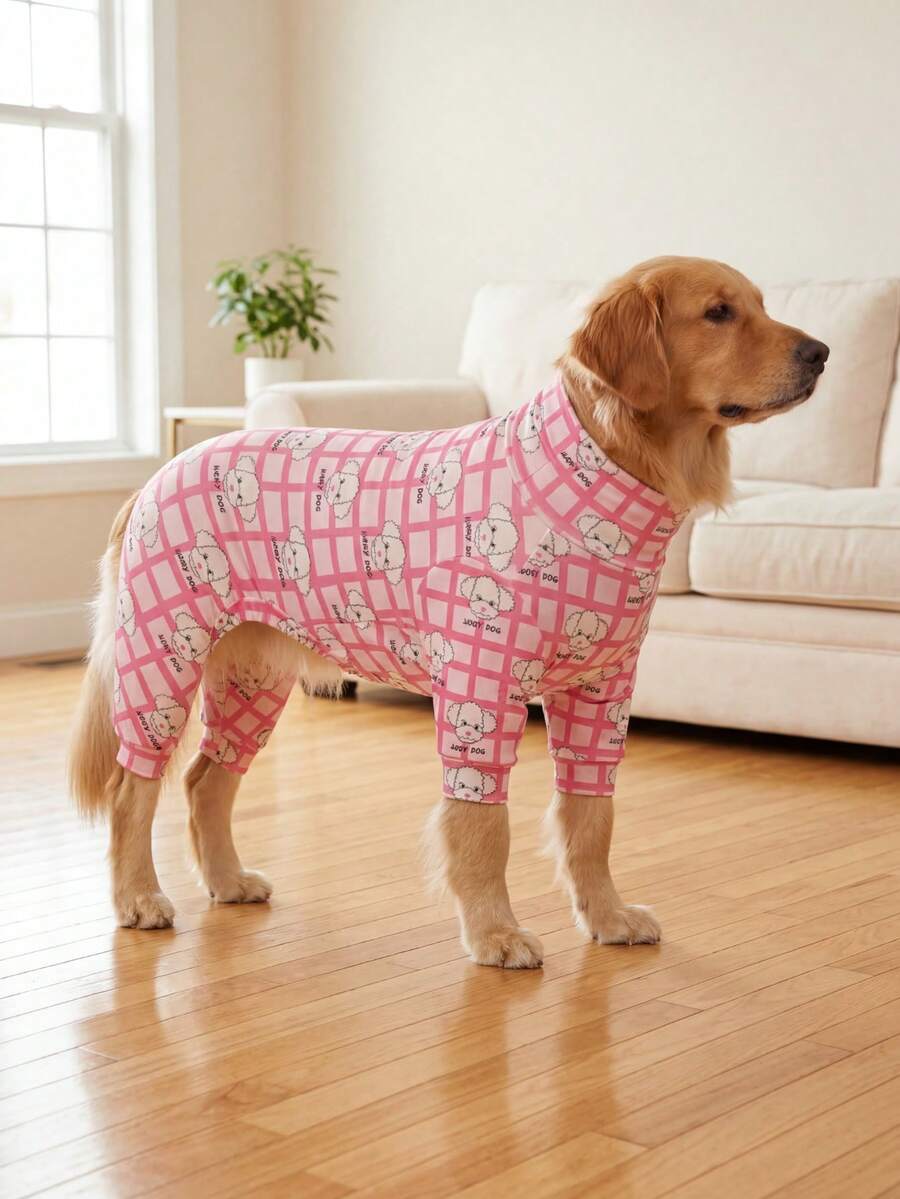 Bộ đồ ngủ mùa hè cho chó kiểm soát rụng lông - Bộ đồ liền thân thoáng khí, co giãn cao, che phủ toàn thân, chống liếm và bảo vệ khỏi côn trùng cho chó cỡ vừa và lớn, quần áo cho chó in họa tiết toàn thân - Hình chú chó sọc dễ thương và chữ "Lucky Dog". - Nhiều màu - Xem 1