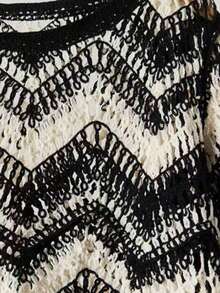 Spring/Summer New Black & White Contrast Wave Crochet Knit Sweater Women, Fringe Hem Round Neck Long Sleeve Lightweight Sheer Cover Up - Black and White - View 3