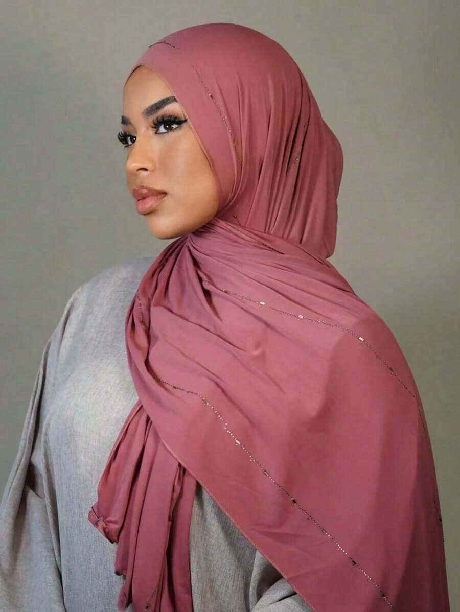1 Piece Women's Hot Diamond Plain Jersey Soft Headscarf Arabic Casual Long Scarf Conservative Solid Color Headscarf Suitable For Daily Use - 紫色 - 查看 1
