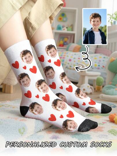 1 Pair Customizable Children's Mid-Calf Socks, Can Print Any Face Pattern On The Socks, Suitable For Boys And Girls, Personalized Photo Socks, Fun Customized Pattern Mid-Calf Socks, Suitable For Valentine's Day, Birthday, Gift