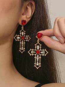 1 Pair Women's Multi-Color Crystal Cross Earrings, Suitable For Various Occasions - WEH2593 Hollow Red Cross Earrings - View 2