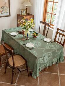 1pc White Hollow Lace Ruffled Tablecloth, Elegant Romantic Rectangular Table Decor Cloth, Suitable For Weddings, Celebrations, Home Decor, Parties, Hotels, All Seasons - Green - View 3