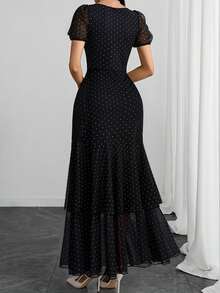 女士法式方领泡泡袖浪漫性感优雅现代波点印花领腰双开衩下摆多层连衣裙，适合约会、度假和日常生活 - 黑色 - 查看 3