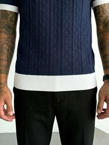 Camiseta de cuello redondo de manga corta casual y versátil con tejido trenzado para hombres GRDR - Azul Marino - Ver 4