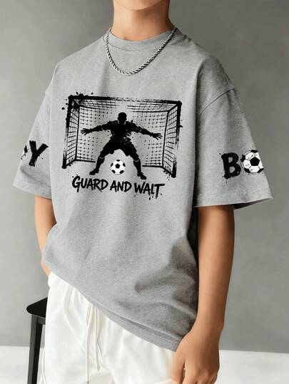 Boys' Football Graphic Round Neck T-Shirt, Soft & Comfortable Casual Printed Tee For Teens, Streetwear And Vacation Style, Suitable For Summer Outdoor Sports, Vacation And Leisure Activities