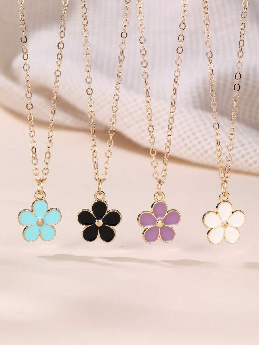 2pcs/4pcs Girls Enamel Flower Pendant Necklace Set, Suitable For Daily Decoration - Multicolor - View 1