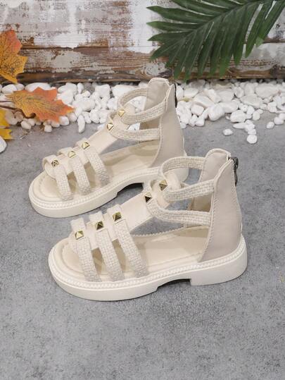 1 Pair White Toddler/Kids Thick Sole Fashion Sandals, With Ruffle Mesh Strap, Bow Pearl Decor, Hook & Loop Closure, Simple Round Toe Design, Comfortable Cute Roman Beach Sandals, Suitable For Girls Aged 3-15, Spring/Summer