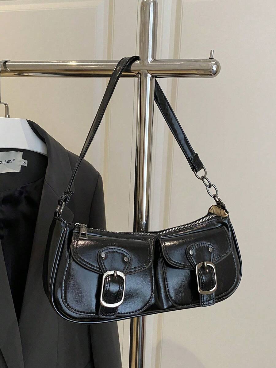New Fashion Double Pocket Decor Handbag, Suitable For Parties, Outings, Vacations, Shopping And Daily Use, Can Store Coins, Phones, Also Suitable As A Work Bag For White-Collar, College Students And Office Workers, Elegant Ladies Bag - màu đen - Xem 1