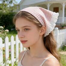 3pcs Bandana, Headband & Hair Clip Set, Ruffled Plaid Headband, Sweet & Cute Countryside Style Girl Photo Props - Red - View 6