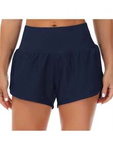 Womens High Waisted Running Shorts Quick Dry Athletic Workout Shorts With Mesh Liner Zipper Pockets - Navy Blue - View 3
