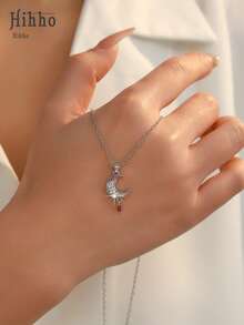 Hihho 1件闪亮星月吊坠项链，优雅锆石镶嵌不锈钢项链，百搭时尚项链，送给朋友的贴心礼物 - 月亮 - 查看 3