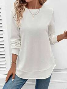 Spring Collection Women's Checked Knitted Rounded-Edge Lightweight Long-Sleeved Top, Round-Neck Relaxed Style Casual Shirt, Casual Sporty Style Daily Commuting Casual Wear, Street Fashion Light Sportswear, Multi-Color Knitted Pullover Available For Spring And Summer Seasons - 白色 - 查看 4