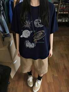 日系女式宽松休闲圆领卡通字母星空印花短袖T恤，春夏度假款 - 深藍 - 查看 3