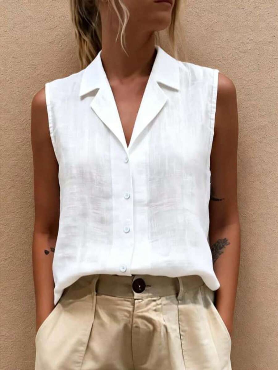 1pc Women's Casual Comfortable Breathable Elegant Linen Camisole Shirt, Polyester Front Button Blouse White Summer - White - View 1