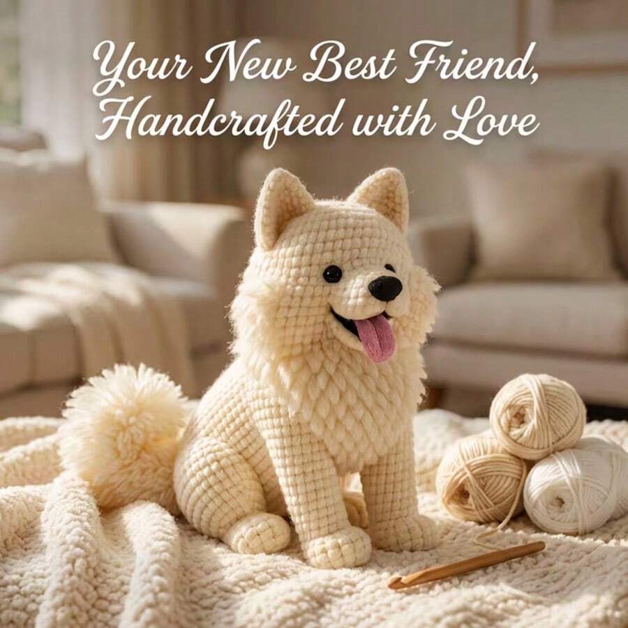 1pc Smiling Samoyed Crochet Kit, DIY Handmade For Adults (Not Finished Product) - Beginner Crochet Set Includes All Materials, Step-By-Step Video Tutorials And Basic English Instructions. Let This "Smiling Angel" Plush Companion Come To Life - Whether Decorating Your Windowsill Or Gifting To A Dog Lover, It Conveys A Warm, Sunny Handmade Sentiment.