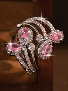 1pc Elegant Water Drop&Round Sparkle Openable Rings Fashion Cubic Zirconia Bohemian Women Ring For Bride Engagement Birthday Holiday, Travel For Mother's Day Copper Jewelry - Water Droplets - View 11