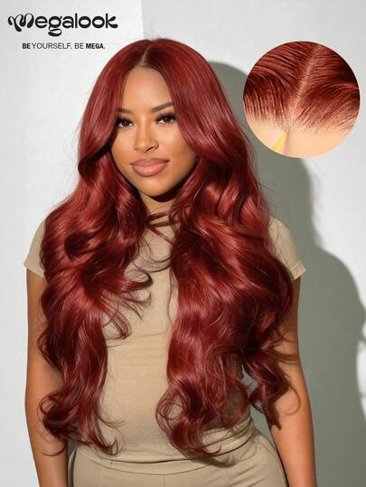 MEGALOOK 红棕色真人发假发，透明蕾丝波浪卷发，蕾丝闭合式假发，巴西真人发蕾丝前假发，无需胶水，全天舒适，不易掉发。