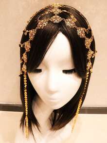 1pc Fashionable & Elegant Gold Hoop Tassel Headchain, Bohemian Dubai Hollow Flower Red Gemstone Decor Hair Accessory, Suitable For Women's Party & Festival Wear, Middle Eastern Style, Bride To Be, Hair Accessories For Women - 金色 - 查看 10