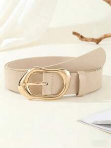 Trending 2026: Minimalist Beige PU Leather Belt | Curved Gold Buckle Design | Versatile Fashion Accessory - Beige - View 7