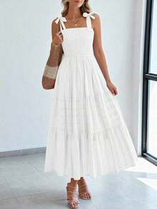 Women's Boho A-Line Maxi Dress, Summer Sleeveless Tie Shoulder Smocked High Waist Long Sundress With Pockets, Casual Dress For Beach Vacation & Holiday Outings - 白色 - 查看 7
