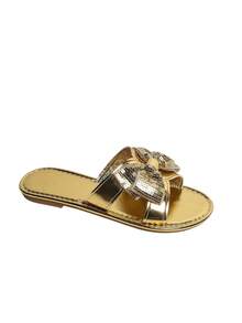 2026 Nuevas sandalias planas para mujer, elegantes sandalias francesas con lazo, zapatillas deslizantes de piel de PU con lazo elegante, adecuadas para primavera, verano y otoño - Dorado - Ver 8