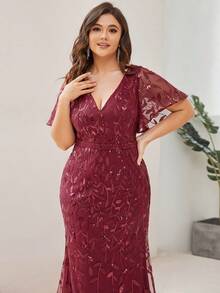 EVERPRETTY Đầm dạ hội dáng đuôi cá sang trọng bằng vải lưới đính hoa và sequin dành cho nữ cỡ lớn, thích hợp cho các buổi tiệc trang trọng, màu đỏ rượu vang, kiểu đuôi cá, phù hợp cho khách dự đám cưới, các dịp trang trọng, Ngày Valentine, Ngày của Mẹ, mùa xuân. - Màu Đỏ Sâu - Xem 3