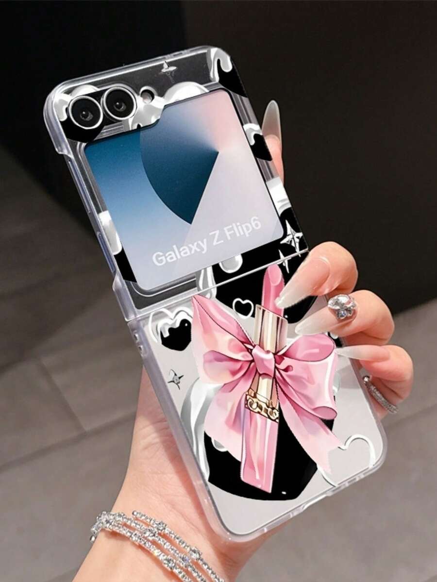 1pc Fashion Simple Matte PC Material Simple Cute Bow Lipstick Element Folding Phone Case, Can Protect And Prevent Falling For: SamsungGalaxy Zflip 3/Zflip 4/Zflip 5/Zflip 6/Zflip 7/ Find N3 Flip/ Razr 50 Ultra/ Razr 60 Ultra/ 60/ Lola Razr 50/XiaomiMIX Flip/Galaxy Z Flip7 FE - Clear - View 1