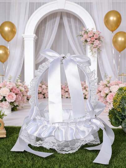 1 giỏ hoa cưới màu trắng có nơ và ngọc trai, giỏ hoa bằng vải satin, thích hợp để trang trí đám cưới, làm quà tặng năm mới, quà tặng trang trí, phù hợp cho trang trí đám cưới hoặc ngày lễ.