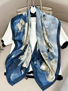 1pc Navy Blue Floral Print Lightweight Headscarf/Shawl, Cream Yellow Flower Bohemian Breathable Scarf Accessory For Spring/Summer, Great Gift - Multicolor - View 8