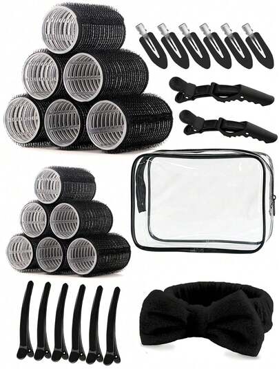 2 Size Hair Rollers For Women, 12 Pcs Rollers Hair Curlers For Long Medium Short Hair, Large Medium Small Self Grip Hair Rollers With Rollers 12pcs Clips And 1 Cosmetic Bag And1pc Facial Skincare Headband And 2pcs Alligator Hair Clips