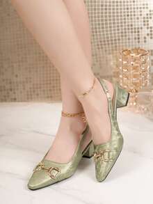 优雅女士包头凉鞋，中跟尖头金属扣，百搭通勤鞋，休闲日常穿着 - 綠色 - 查看 6