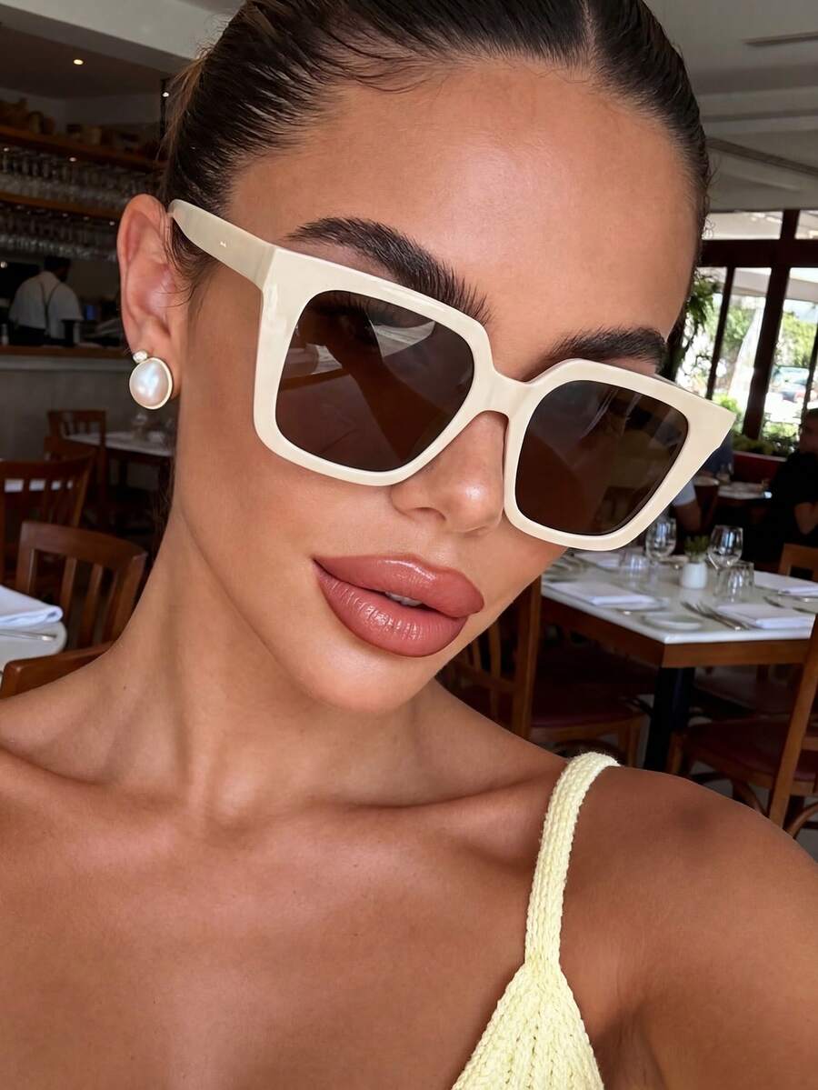 1 paire de lunettes de soleil carrées beiges minimalistes unisexes, convenant aux activités extérieures, aux courses, à la conduite, idéal comme cadeau, lunettes de mode haut de gamme pour la rue et la photographie de style décontracté - Beige - Voir 1