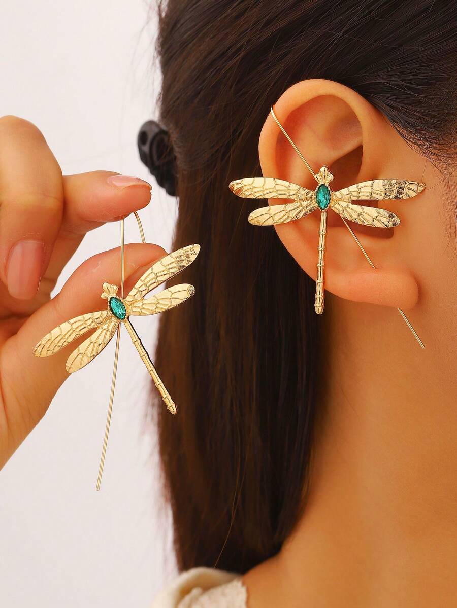 1 Coppia di orecchini a forma di libellula in rame con texture di design originale punk, orecchino a polsino in stile retrò di lusso a forma di insetto per donna, accessori gioielleria