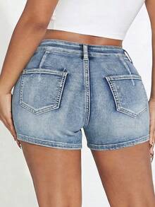 Women's Cute Casual Denim Shorts With Cargo Pockets, Medium Stretch, Zipper Fly, Straight Leg Fit - Blue - View 2